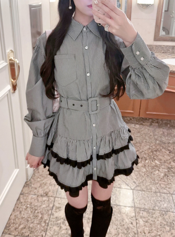 ベルト付きストライプ柄ティアードフリルミニワンピース[ws21