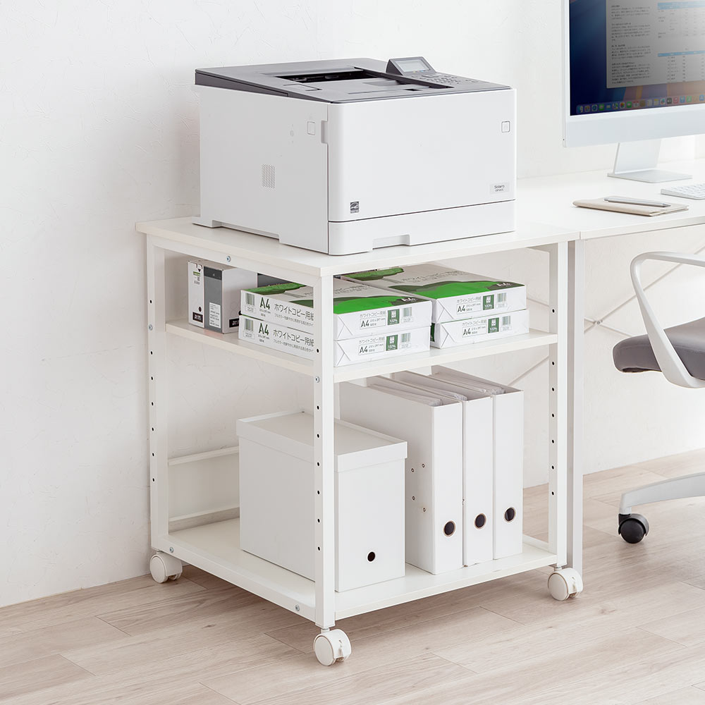 プリンター台（ラック・ワゴン・キャスター・収納・3段・木製・白