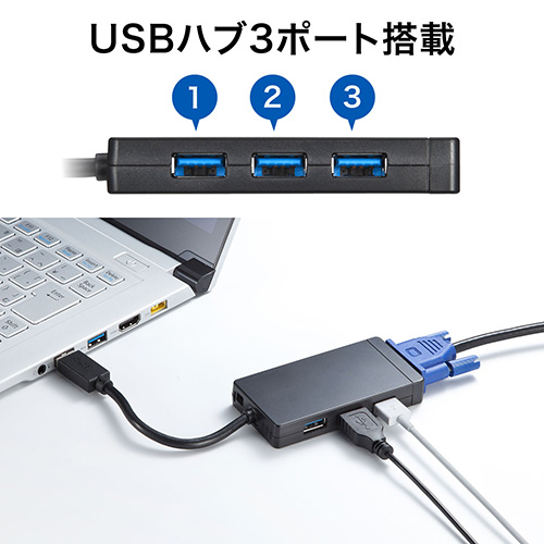 USB-VGA変換アダプタ（USB3.0ハブ付・ディスプレイ増設・デュアル
