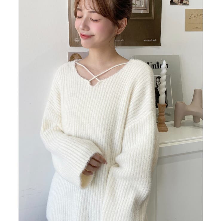 クロスネックシャギーニットプルオーバー[品番：ERMW0003980]｜moment+