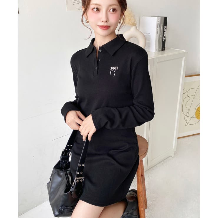 ワンポイントリボン刺繍長袖ポロワンピース[品番：ERMW0004104