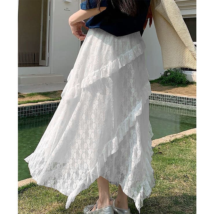 ティアードロングスカート白レーススカート[品番：AGCW0006545
