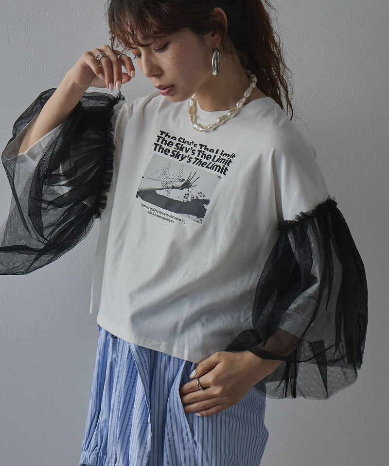 デザインプリントチュールスリーブTシャツ – レディースファッション