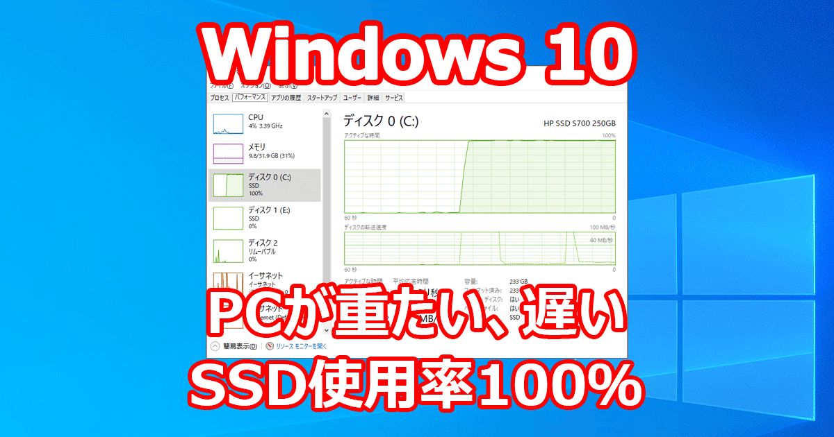 Windows 10 急にパソコンが重くなる 遅くなる システムSSD（HDD）が100