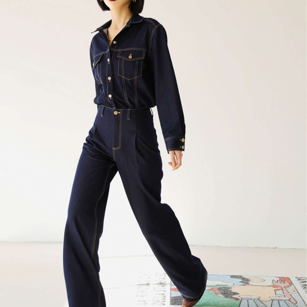 セットアップ レディース デニム シンプルジャンプスーツ風デニム